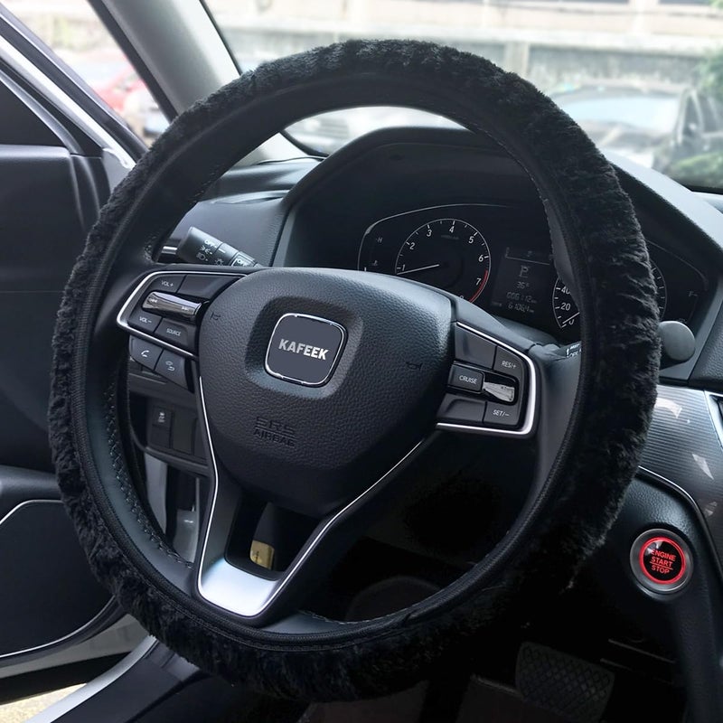 KAFEEK Elastic Long Microfiber Plush Steering Wheel Cover for Winter Warm, Universal 15 inch, Anti-Slip, Odorless, Black - Image 3